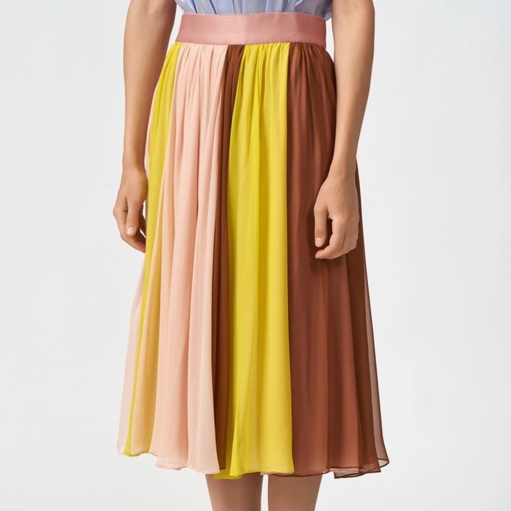 Cushnie Silk Chiffon Colorblock Tan Yellow Pleated A-Line Midi Skirt Size 4